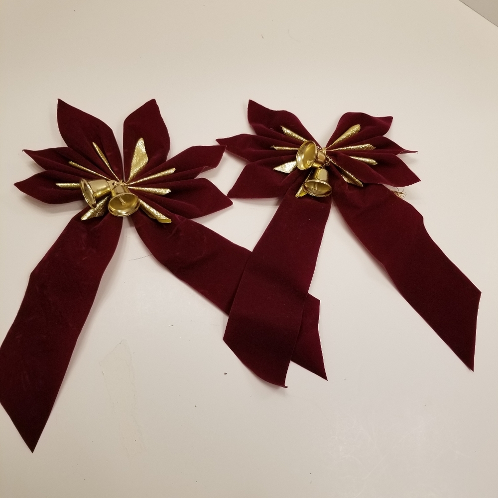 1 Pair of Rich Burgundy Velour with Gold Bells Christmas Bows